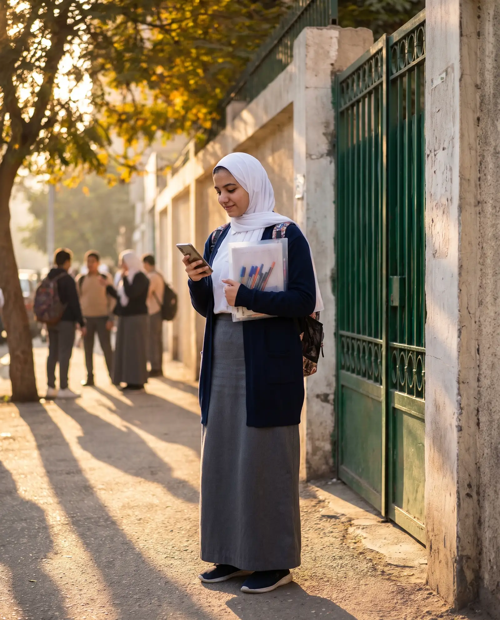 A student outside her school gate on exam morning reads an encouraging message on her phone, calm and confident.