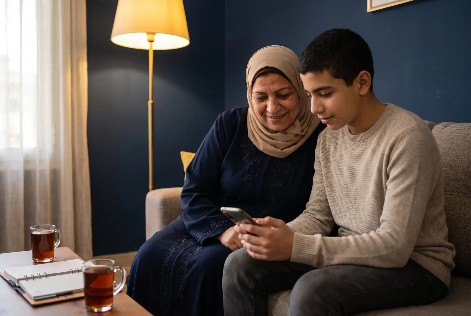 A mother and her teenage son sit on the sofa at home, going over his week on his phone.