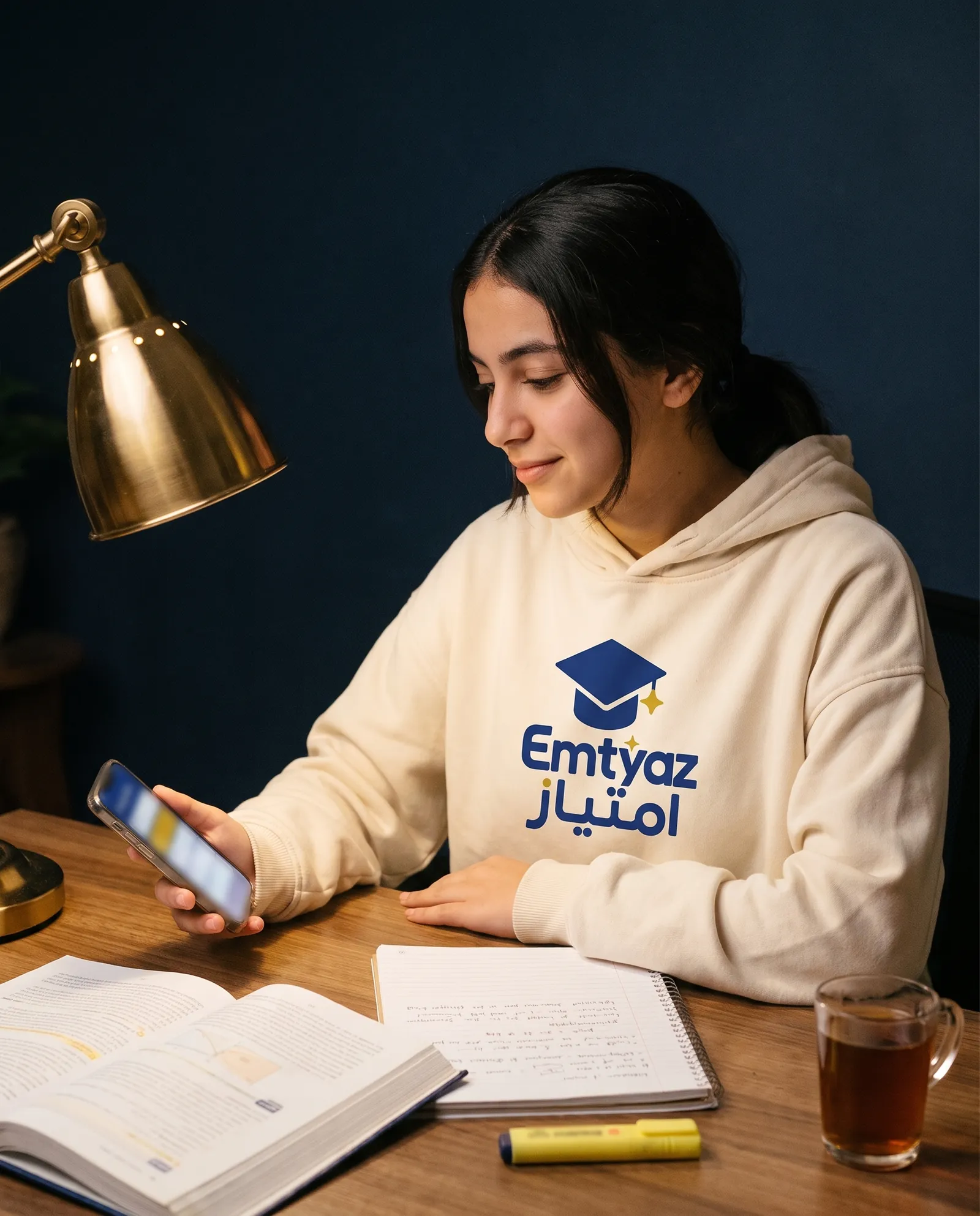 A teenage girl in an Emtyaz hoodie studies at night under a brass desk lamp, checking her plan on her phone.