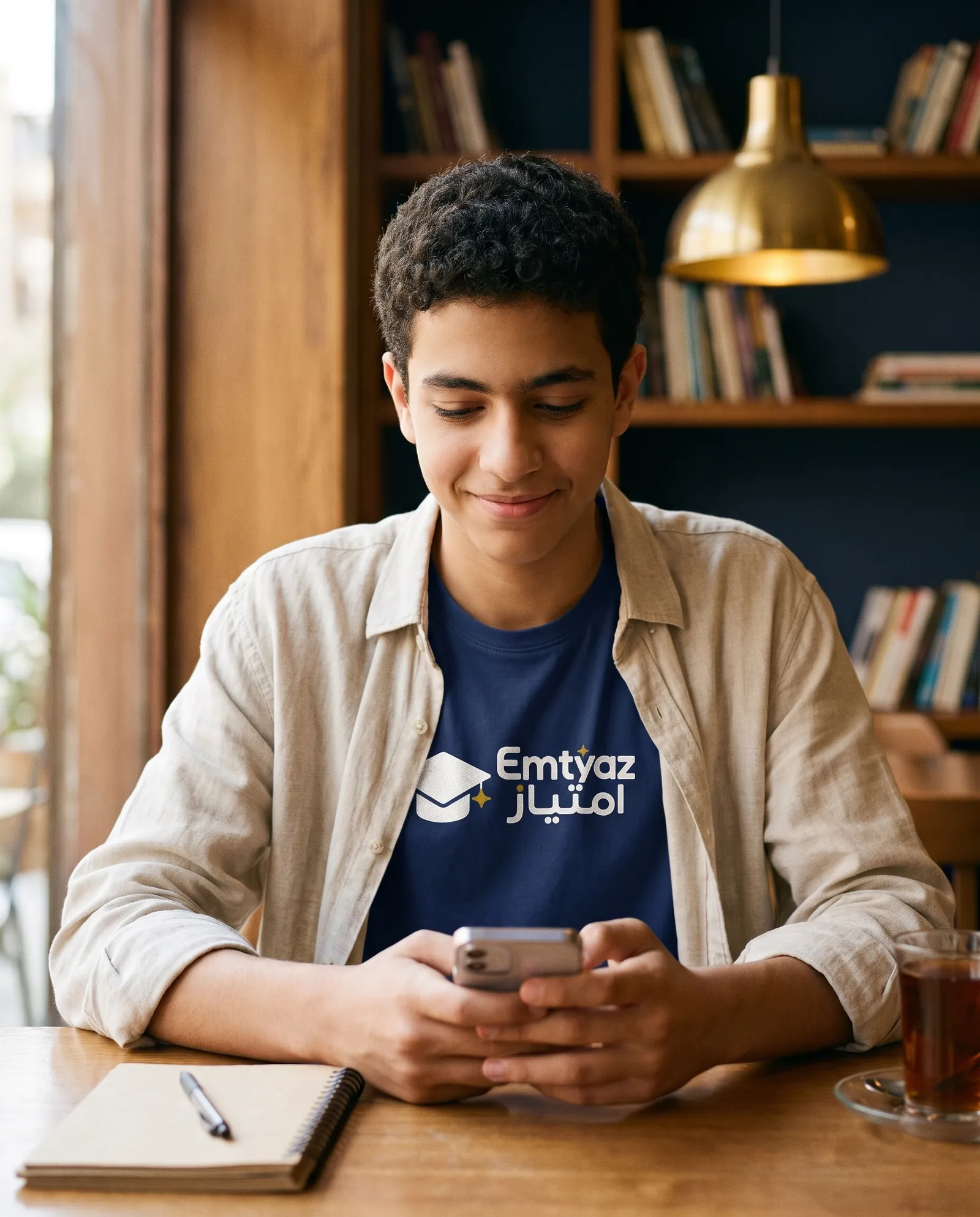 A teenage boy in an Emtyaz T-shirt at a café ticks off a task on his phone.