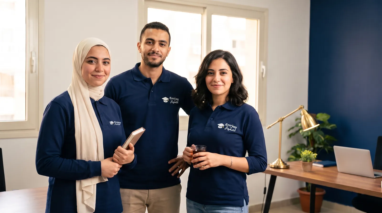 Three mentors, two women and a man, in matching Emtyaz polos in a bright office.