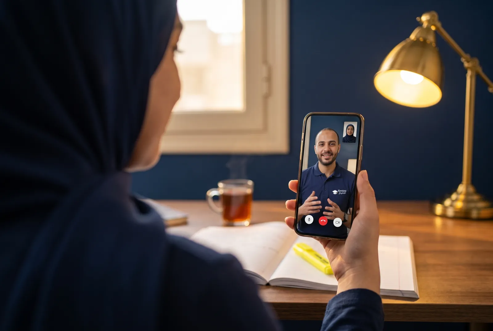 Over-the-shoulder view of a student on a phone video call with a smiling mentor in an Emtyaz polo.
